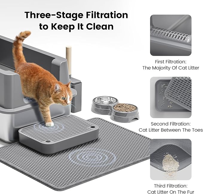 Stainless Steel Cat Litter Box - Enclosed XL Metal Kitty Litter Box with Lid for Big Cats, High Sided, Anti-Leakage, Easy Cleaning, Non-Sticky, Included Litter Mat, Cat Bowl & Spoon