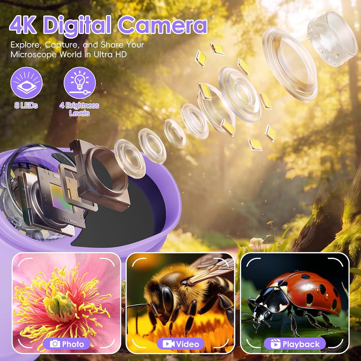 4K 1000X Handheld Digital Microscope for kids 2.0" IPS Screen – Fun for Kids & Family - Purple - image 3