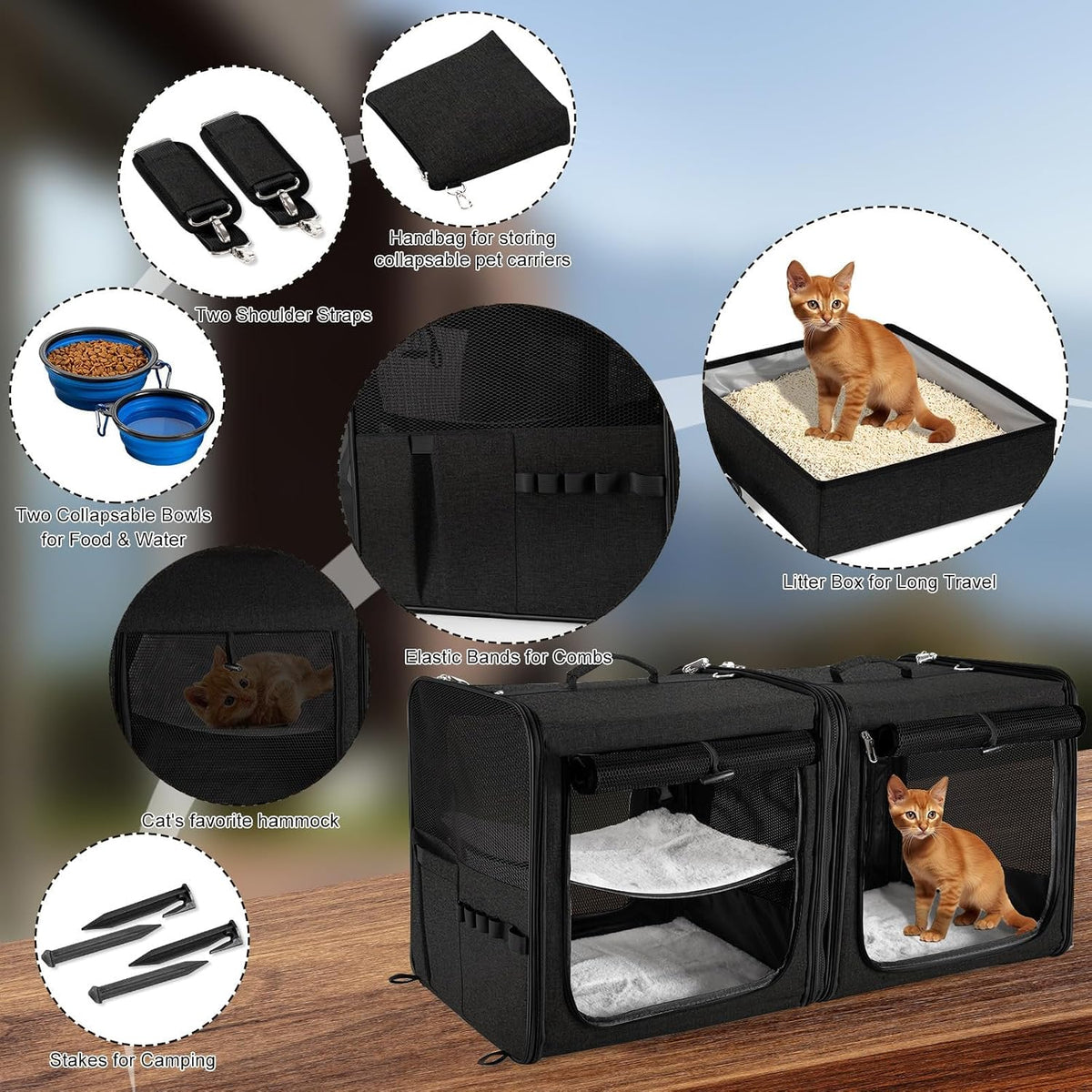 Extra Large Cat Carrier for 2 Cats with Travel Litter Box - Black / Dual Carriers - image 4