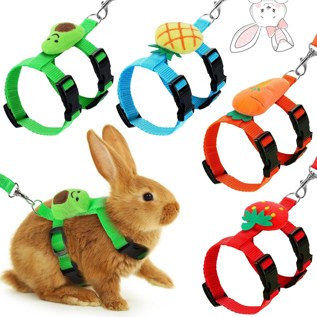 Tondiamo 4 Pcs Adjustable Bunny Harness and Leash Set for Small Pet - Fruit