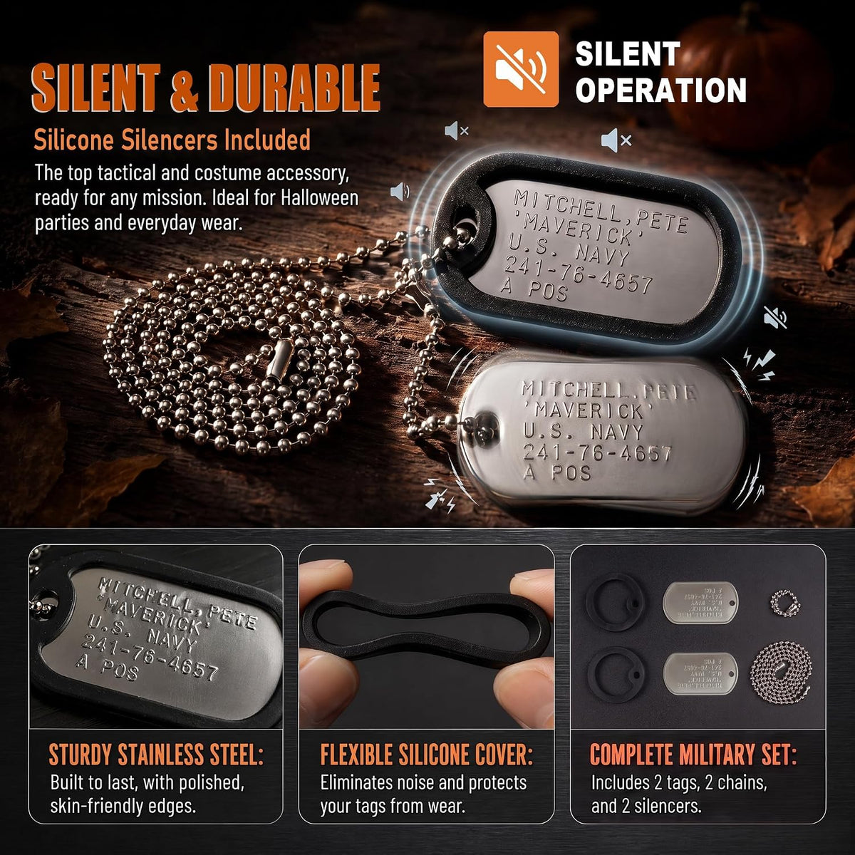 Stainless Steel Military Dog Tag Set with Chains and Silencers – Essentials for Dogs - image 4