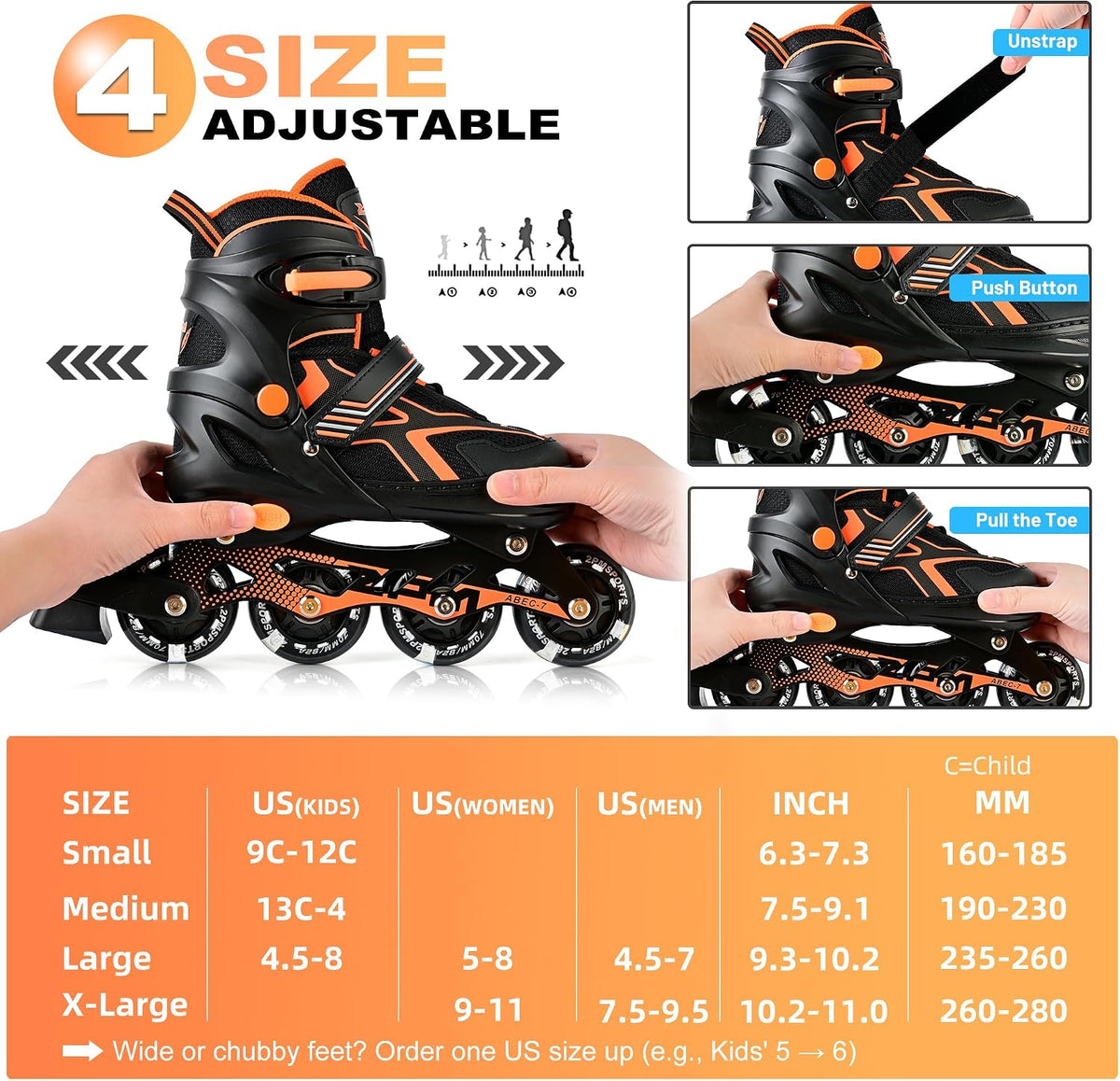 2PM SPORTS Adjustable Inline Skates for Kids, Youth and Adults – Fun for Kids & Family - E Orange / Small - Little Kid (9C-12C US) - image 3
