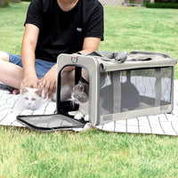 Pet Carrier for Large Cat Soft-Sided Animal Traveling Bag for Medium Cat up to 20lbs / Washable Small Dog Puppy 10 lbs Crate Case with Privacy Curtains for Home Outdoor Travel Beige White