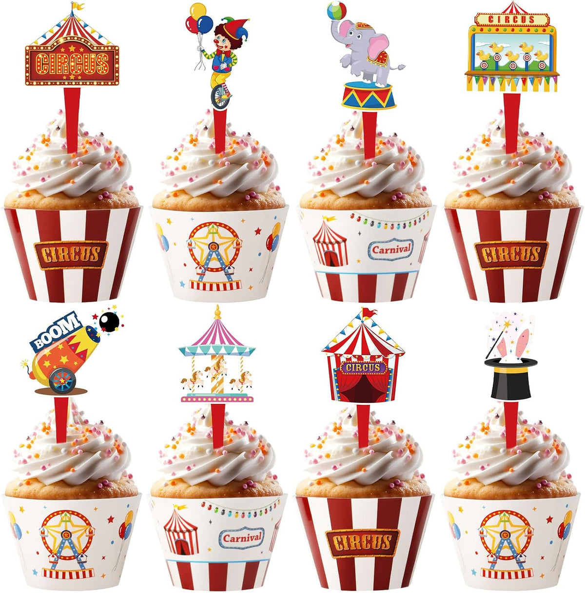 Hooqict carnival circus cupcake toppers and wrappers set, 48 pieces - view 7