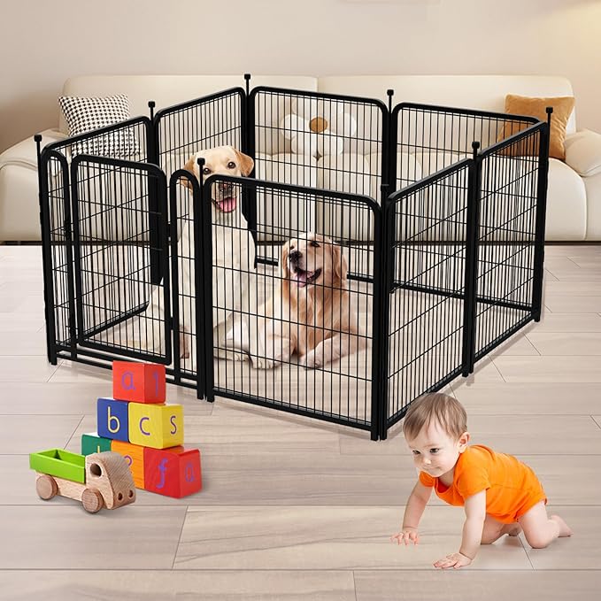 56 in(H) Decorative Garden Fence Panels, Wide Door Low Threshold, Dog Fence Outdoor for Yard. 10 Panels Total 22.1 Ft(L)，No Dig Fencing for Dogs, Black