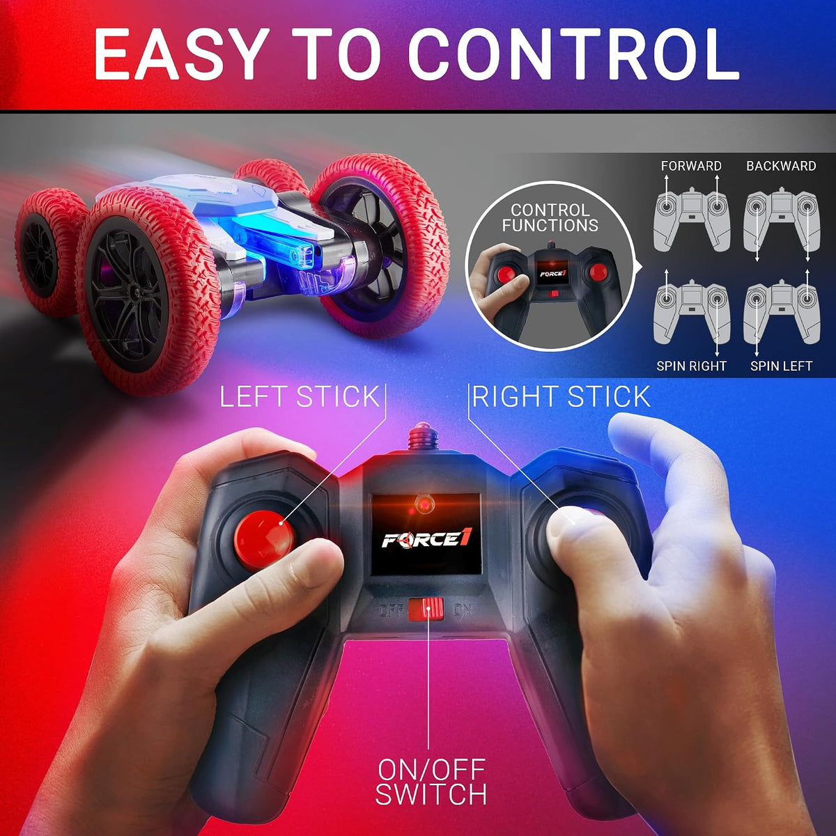 Force1 Tornado Blue LED Remote Control Car for Kids - Red Blue Tornado+ - image 3