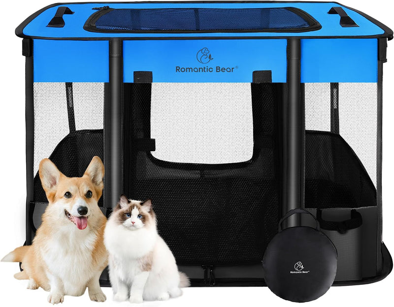 ROMANTIC BEAR Dog Playpen, Foldable Pet Puppy Cat Playpen, L - Blue / Medium(31"x23"x21")