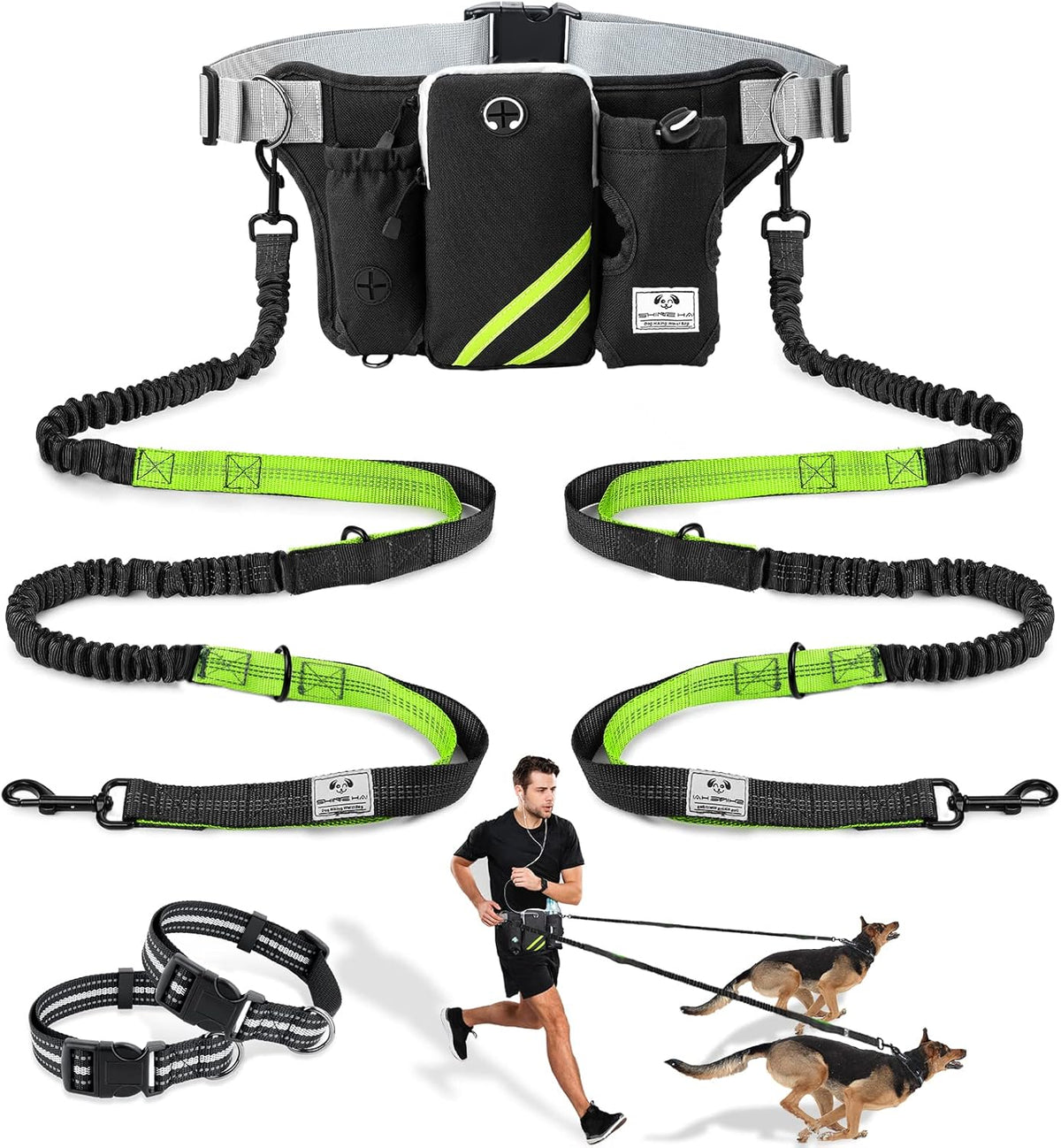 SHINE HAI Retractable Hands Free Dog Leash with Dual Bungees for 2 - Green/Black / For 2 Dog