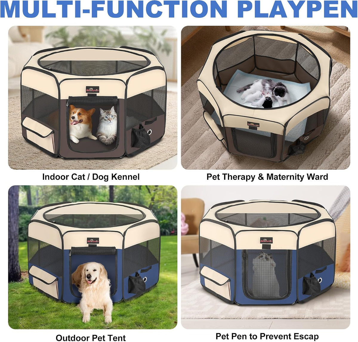 Aivituvin Dog Playpen, Foldable Pet Play Pens with Carrying Bag for Cat, Puppies, Rabbits, Portable - XL / BLUE - image 4