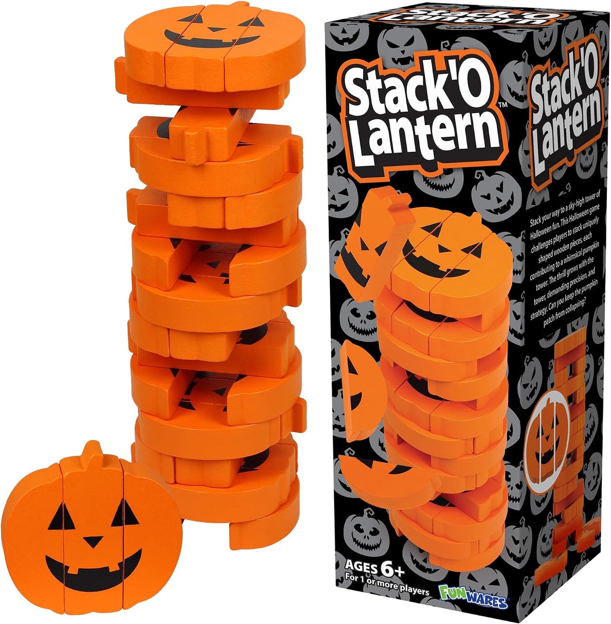Funwares Stack-O-Lantern wooden pumpkin stacking game blocks in a tower