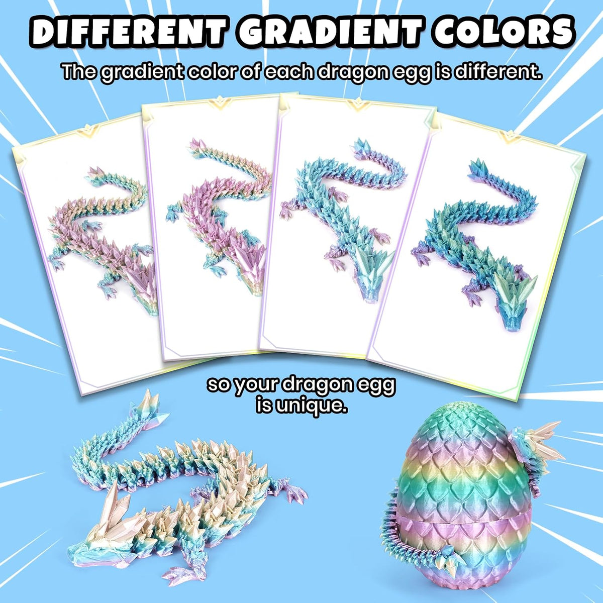 3D Printed Dragon Egg, Mystery Articulated Crystal Dragon Egg Fidget Toys, 3D Print Surprise - Rainbow Color - image 2