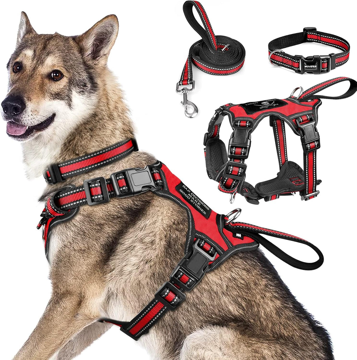 WINSEE Pet Harness Collar and Leash Set - X-Large / Red