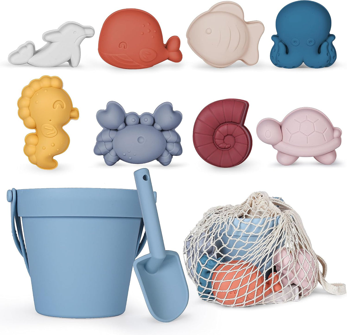 MarcZero 11Pcs Silicone Beach Toys, Bucket & Sand Toys - Blue