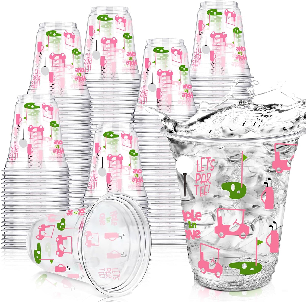 Qinyoung golf party cups, clear 12 oz plastic cups with pink golf text and patterns - view 2