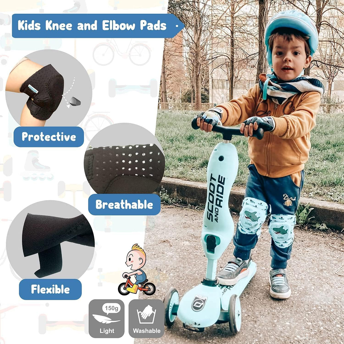 Soft-Style Kids Knee and Elbow Pads with Bike Gloves - Medium / Shark - image 3