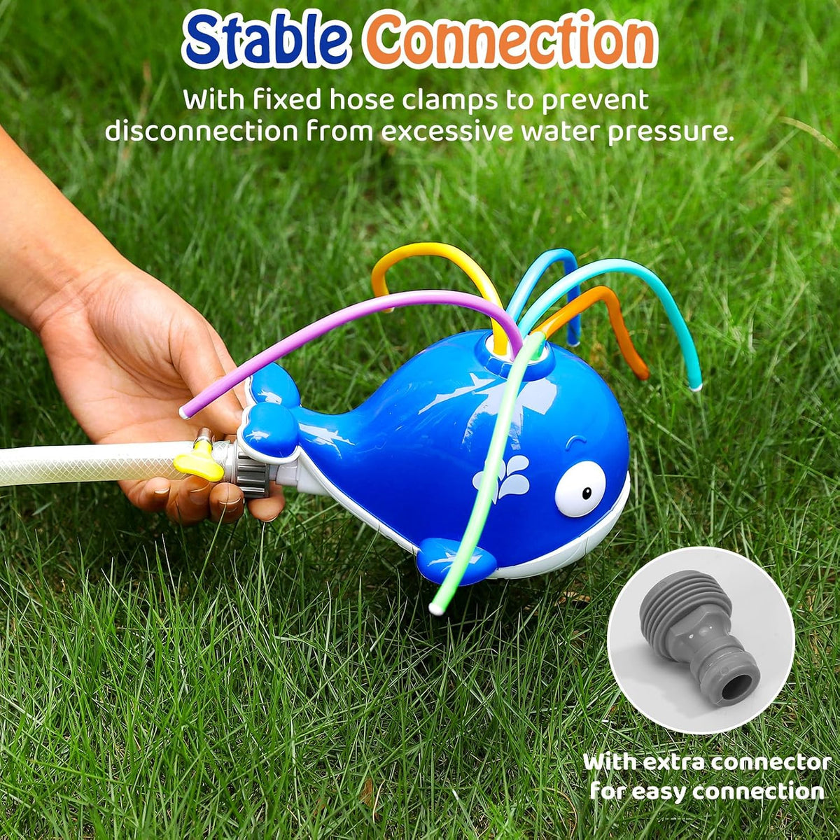HeySplash kids whale sprinkler toy with 6 colorful wiggle tubes for a garden hose - view 13