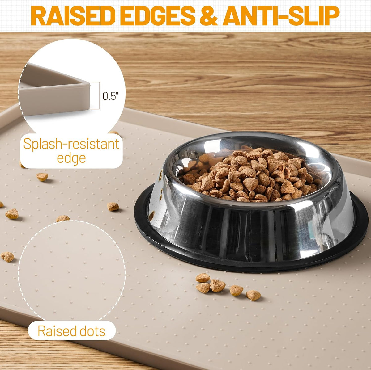Hubulk Dog Feeding Mat,100% Waterproof Food Grade Silicone Pet Food and Water Bowl - Taupe / 19"l X 12"w - image 3