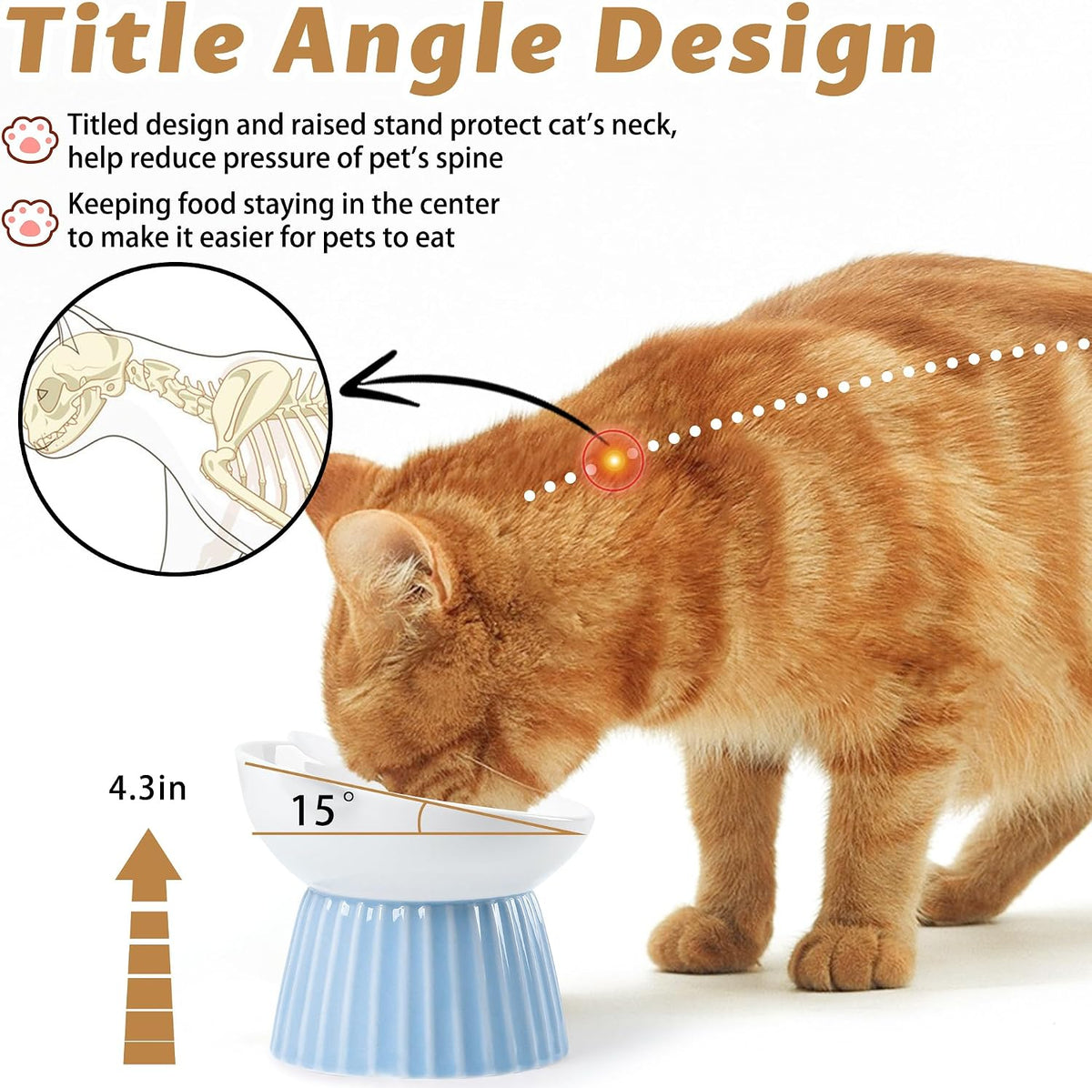Ceramic Raised Cat Bowl，Tilted Raised Cat Bowl Anti Vomit Cat Bowls - Blue - image 3
