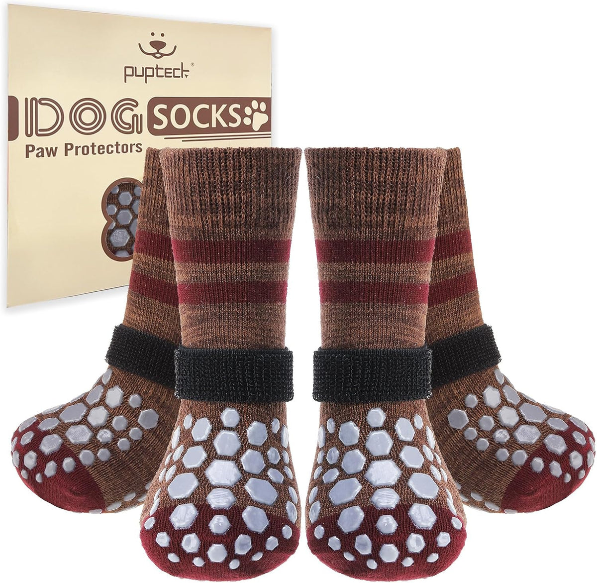 PUPTECK Dog Socks to Prevent Licking Paws - Brown&Red / X-Large / 4 Pack