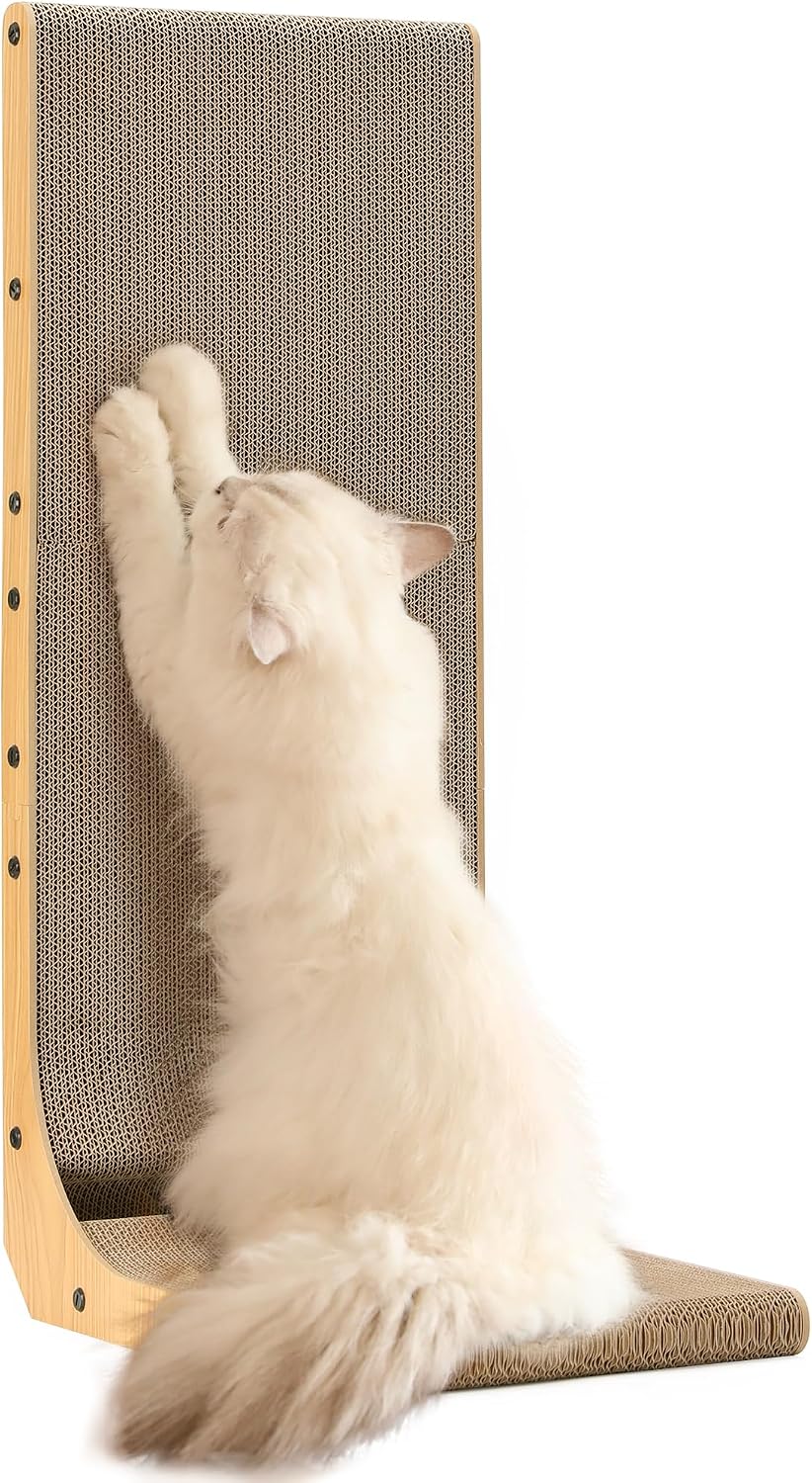 FUKUMARU Cat Scratcher, 26.8 Inch L Shaped Cat Scratch Pad for Indoor Cats – Essentials for Cats - 1 Pack 32.7 in Wood Color