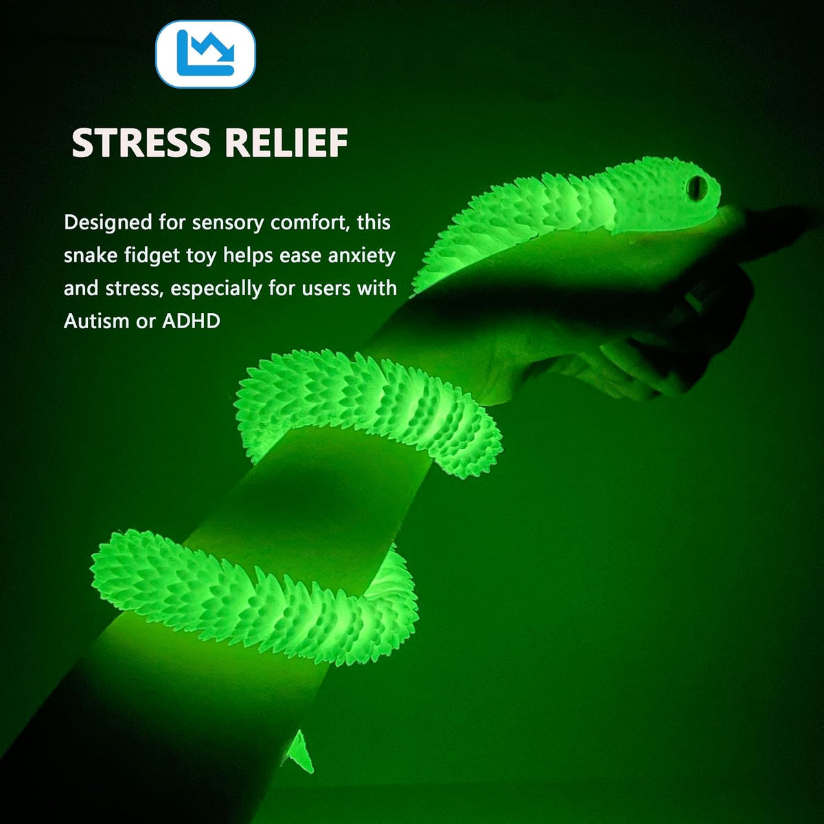 24in 3D Printed Snake Toys, Flexible 3D Printed Animal - Night Light Green / 24in - image 3