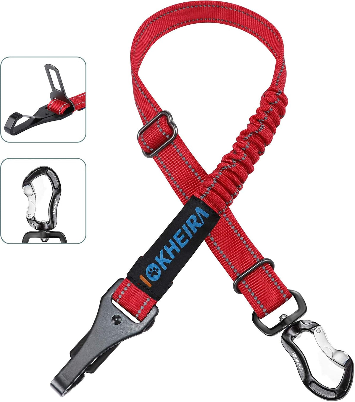 IOKHEIRA Dog Seatbelt, Updated Adjustable Harness Reflective Bungee Dog Car Seat Belt with Aviation - Fire Red