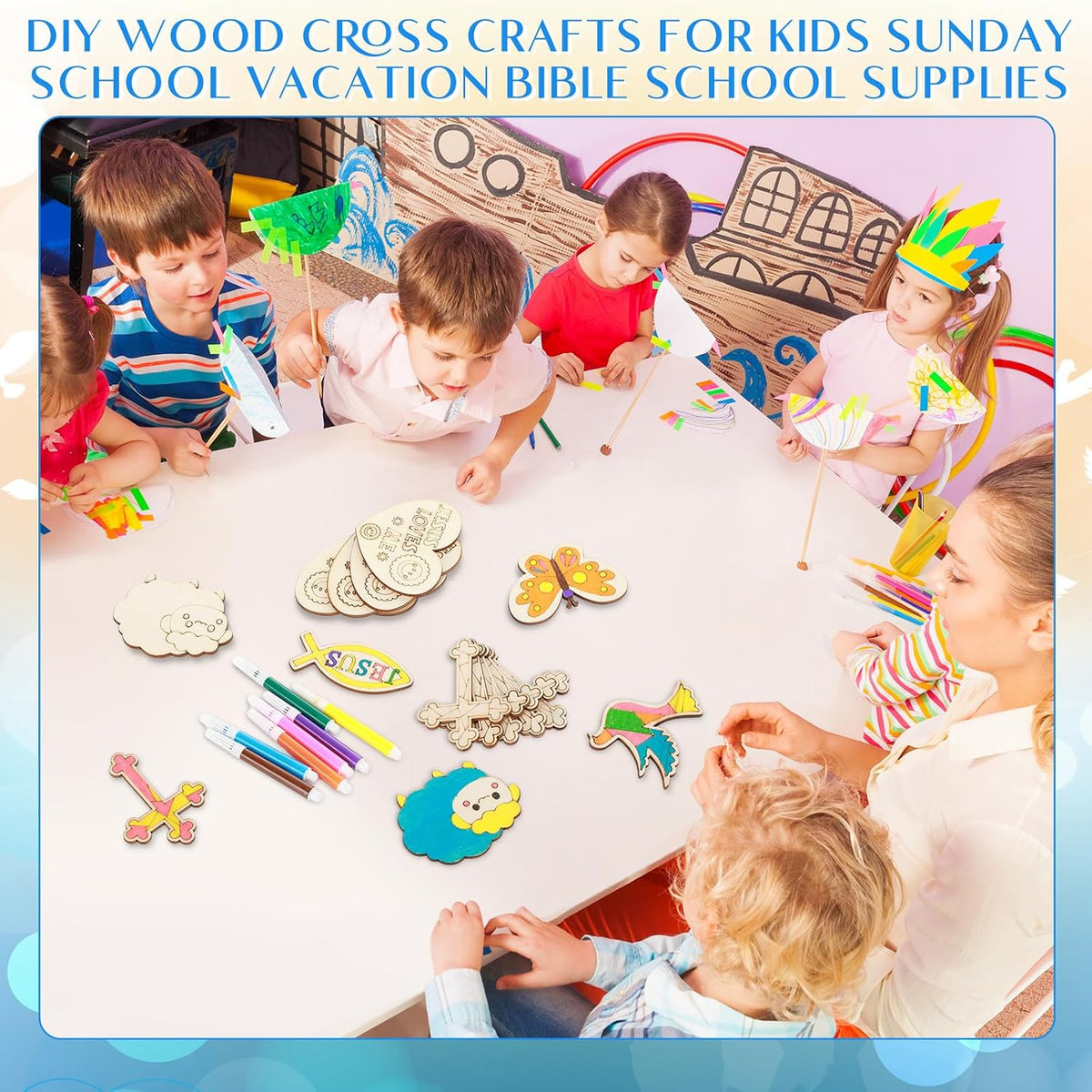 Blueweenly 48 wooden Sunday school craft magnets with watercolor pencils - view 5