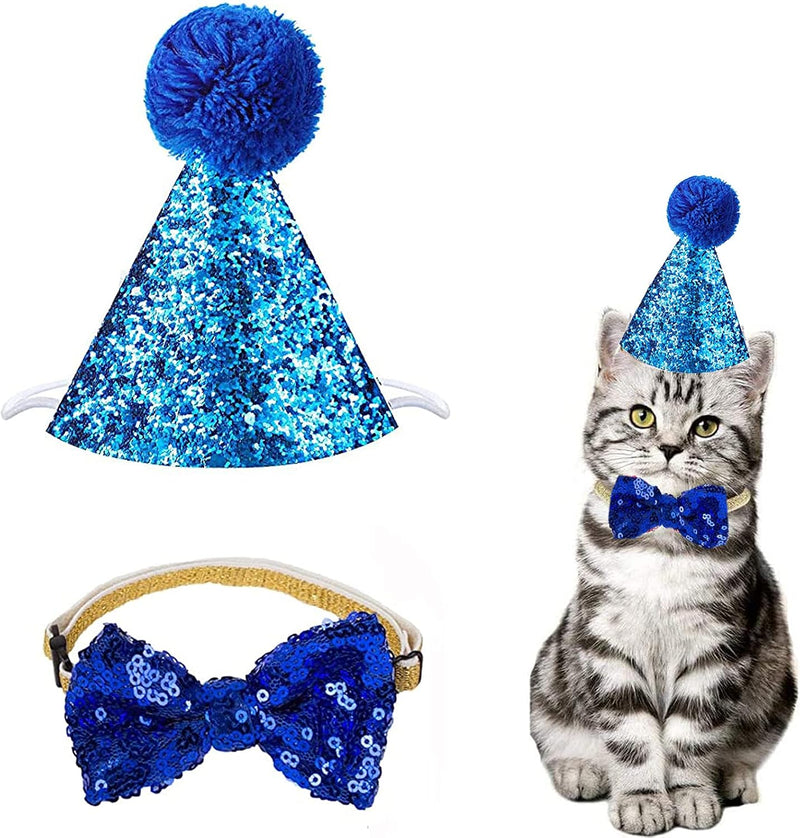 Christmas Pet Party Jazz Hat and Blingbling Bow Tie Breakaway Collar - 03 Sequin-Royal Blue