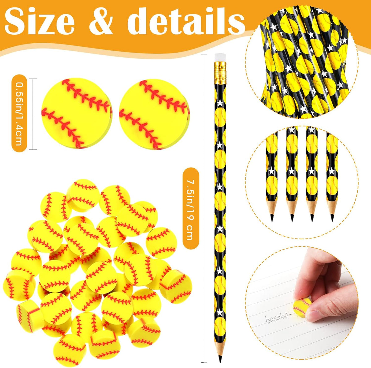 Tinlade 72 Pcs Sports Pencils and Erasers for Boys, Party Favors – Fun for Kids & Family - Softball - image 2