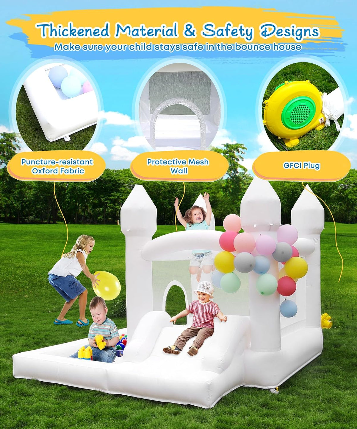 NBSPORT white bounce house with slide, ball pit and mesh walls - view 8