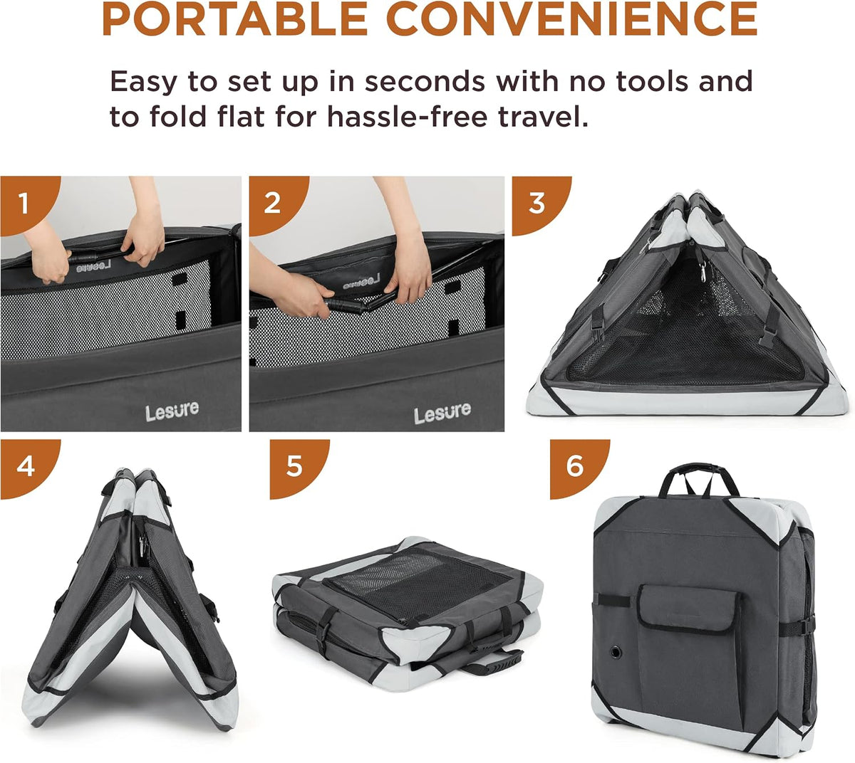 Lesure Portable Soft Collapsible Dog Crate for Large Dogs - Charcoal Grey / 42.0"L x 28.0"W x 30.0"H - image 3