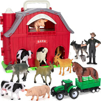 Ellinjan red barn farm playset with plastic farm animal toys, a green tractor and a farmer