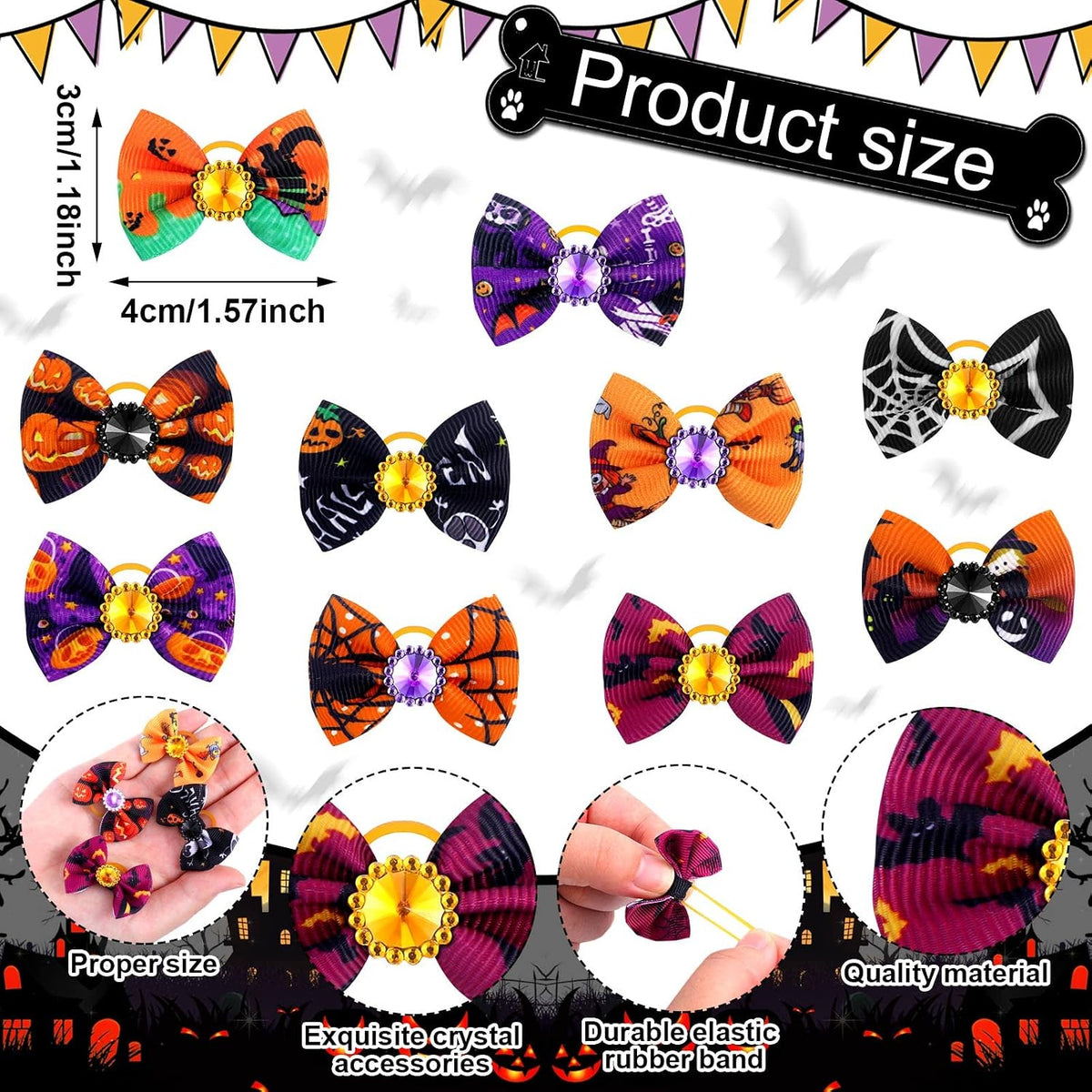 Tondiamo 100 Pack Halloween Dog Hair Bows Ghost Pattern Rubber Bands – Essentials for Dogs - Ghost Pattern - image 3