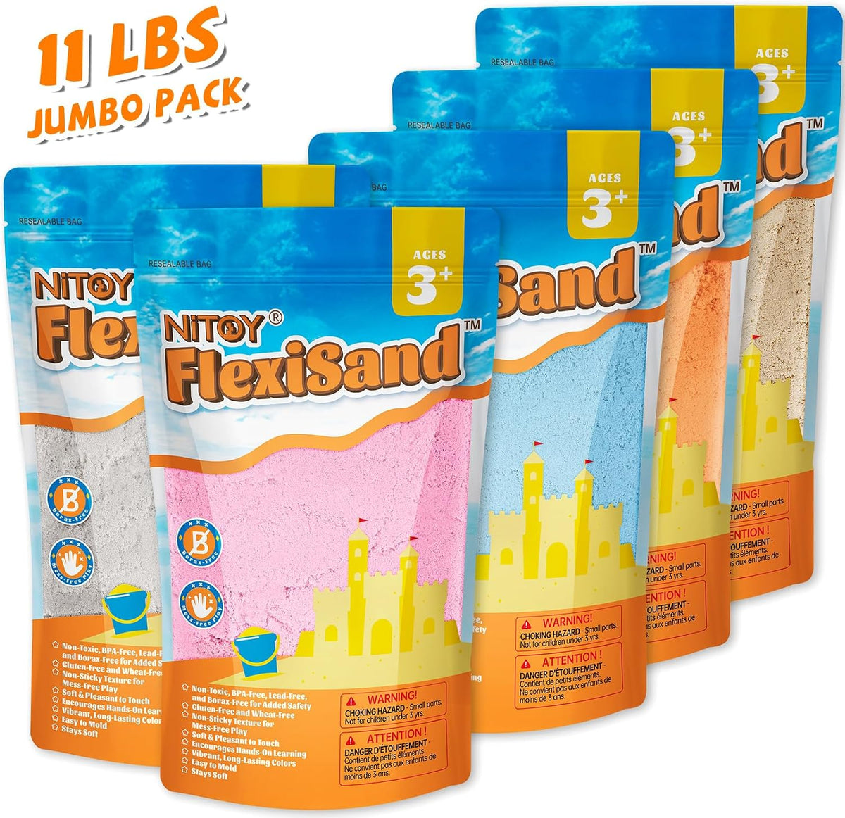 NiToy FlexiSand 11lbs Toy Sand 5 Colors Self-Sticking Non-Toxic - 5 Light Colors - image 4