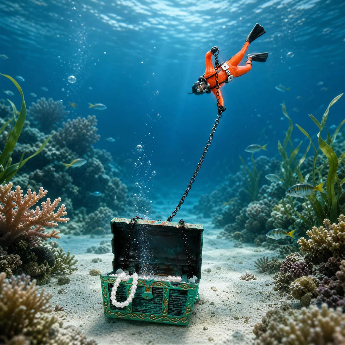 Live-Action Aquarium Ornament Creative Undersea Treasure Chest Diver - image 2