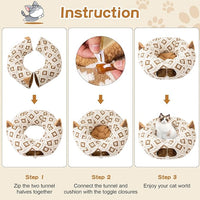 Cat Tunnel Bed for Indoor Cats, Cat Donut Tunnel with Washable Cushion, Peekaboo Cat Cave Toy, Multifunctional Playground Toys for Kittens, Rabbit, Brown Jacquard Pattern