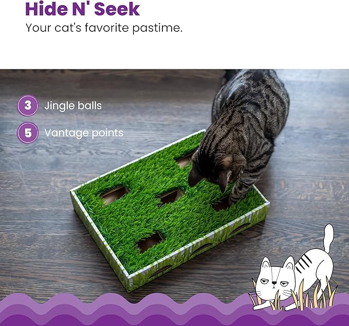 Catstages Grass Patch Hunting Box Interactive Bat & Swat Game for Indoor Cats, 3 Jingle Balls Included, Green