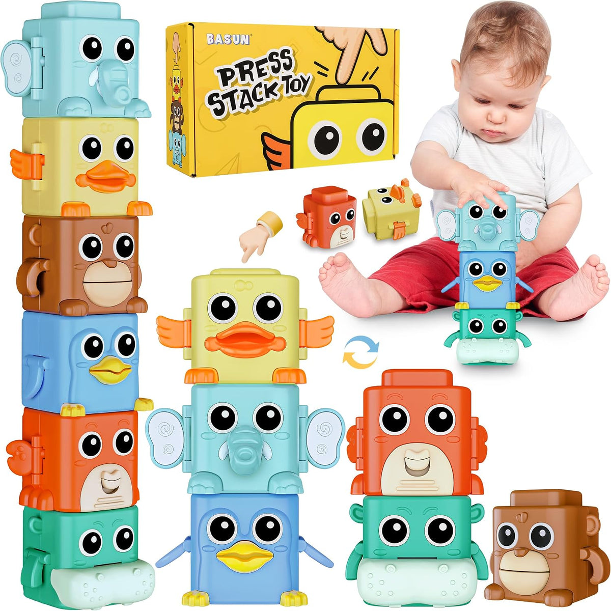 BASUN animal stacking toys set with crab, duck, monkey, penguin, buffalo and elephant