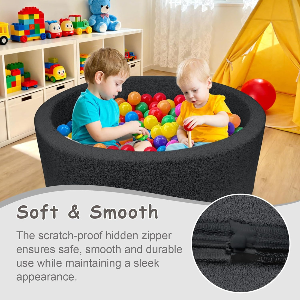 MEOGETY beige teddy fleece foam ball pit for toddlers with soft round walls - view 16