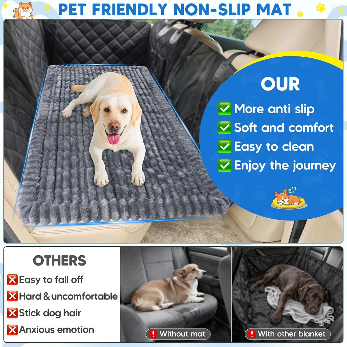 Dog Car Bed, Non-Slip Backseat Dog Bed Mat 50" L×24.6" W – Essentials for Dogs - Grey / XL（56"Lx28.7"M×1"H) - image 3