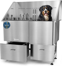 Professional Dog Washing Station 304 Stainless Steel Pets Grooming Tub – Essentials for Dogs - Silver, Right Ramp, 2 Drawer / 50 Inches