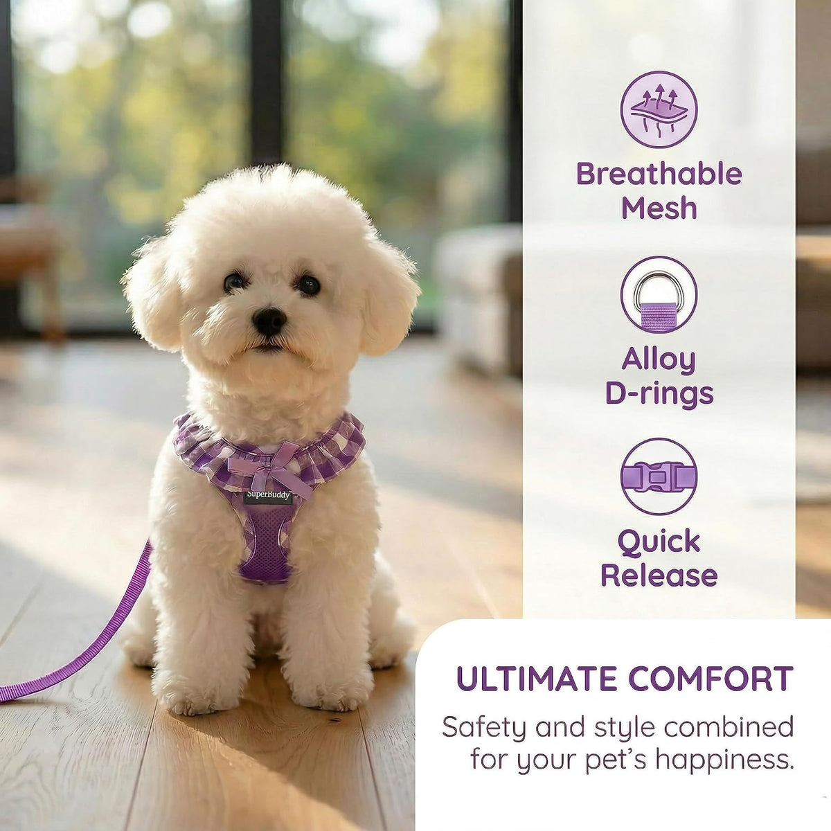 SuperBuddy Upgraded Soft Mesh Dog Harness - M (Neck Girth 13"; Chest Girth: 13"-18.5") / Purple-2 - image 4