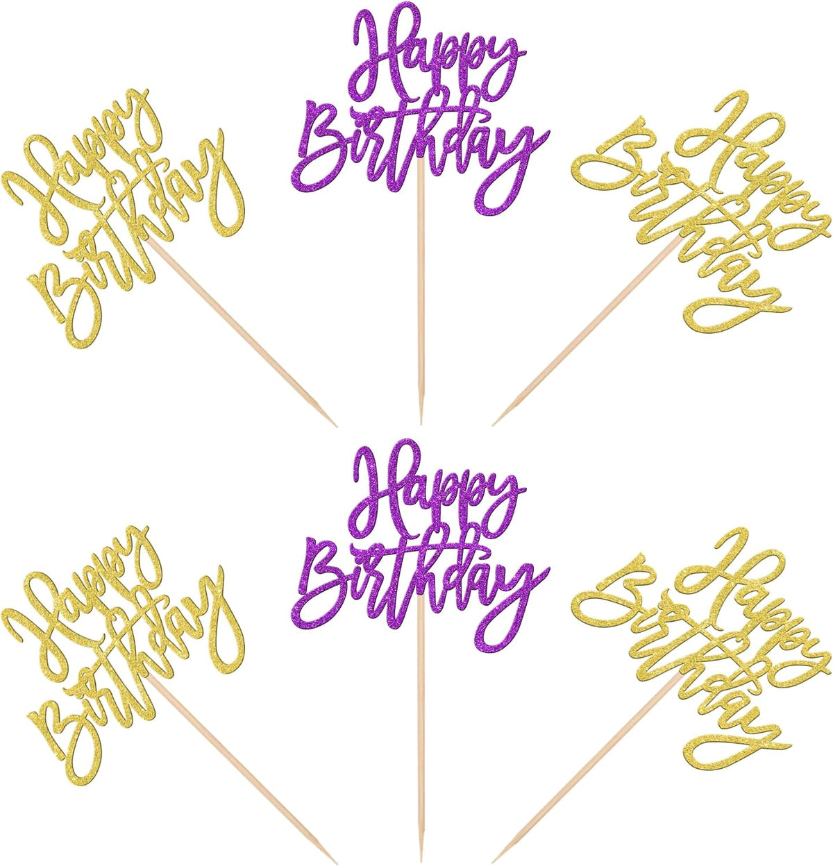 24 PCS Happy Birthday Cupcake Toppers Glitter Picks for Celebrating - Gold Purple - image 3