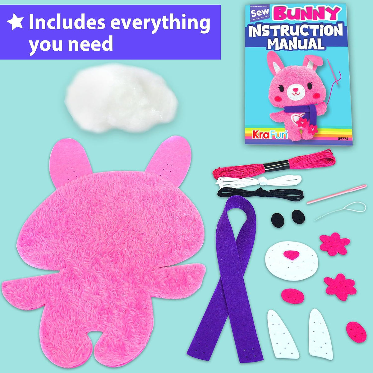KRAFUN Beginner Sewing Kit, Sew Kitten & Mouse, Pre-Cut Felt - Bunny - image 3
