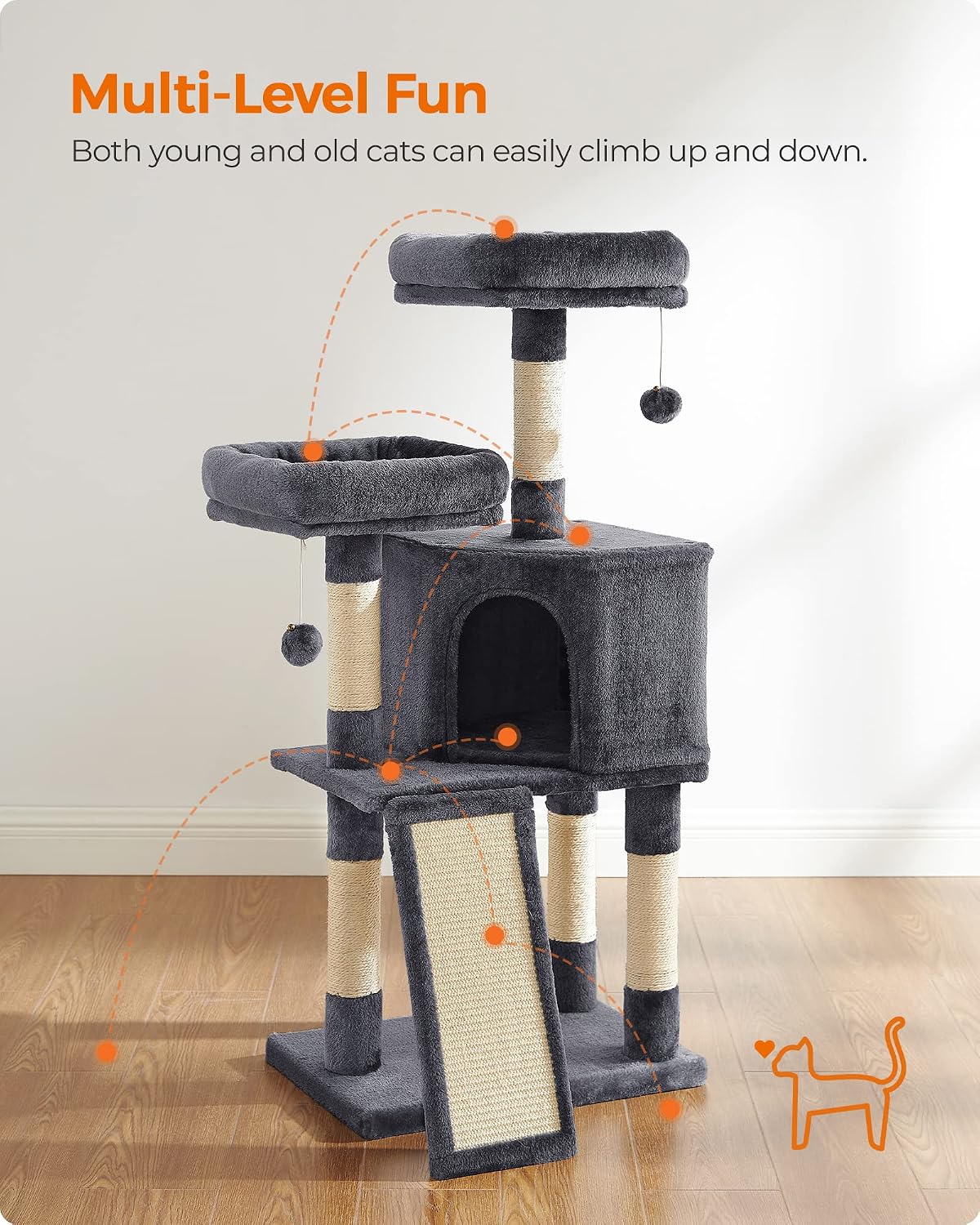 Feandrea Cat Tree, Plush Climbing Condo, Green - Smoky Gray - image 2