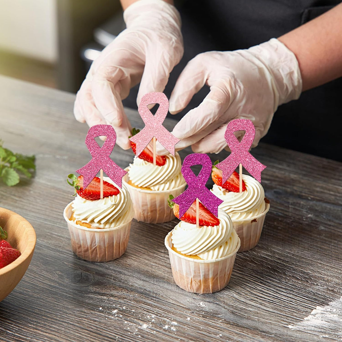 24 PCS Ribbon Breast Cancer Awareness Cupcake Toppers Glitter Pink - Design 5 Colorful - image 3