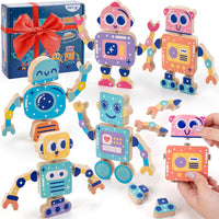 KODATEK 30-piece wooden snap-together robot toys with color-coded heads, arms and legs
