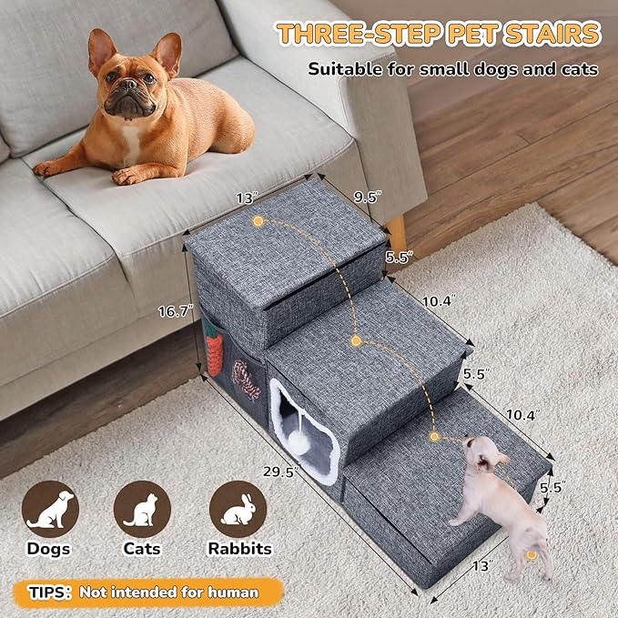 Bilibrara Dog Stairs for Small Dogs, Foldable Pet Steps for High Bed, Non-Slip 3-Step Cat Stairs with Storage, Condo and Fluffy Ball, Small Dog Indoor Ramp for Couch Window, 16'' H