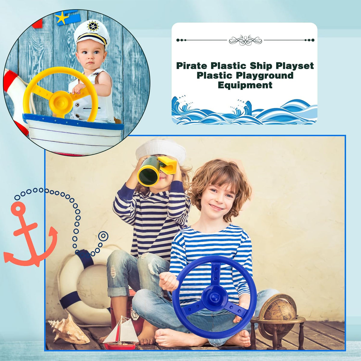 Haconba plastic pirate ship steering wheels for playsets in blue and red with mounting hardware - view 31