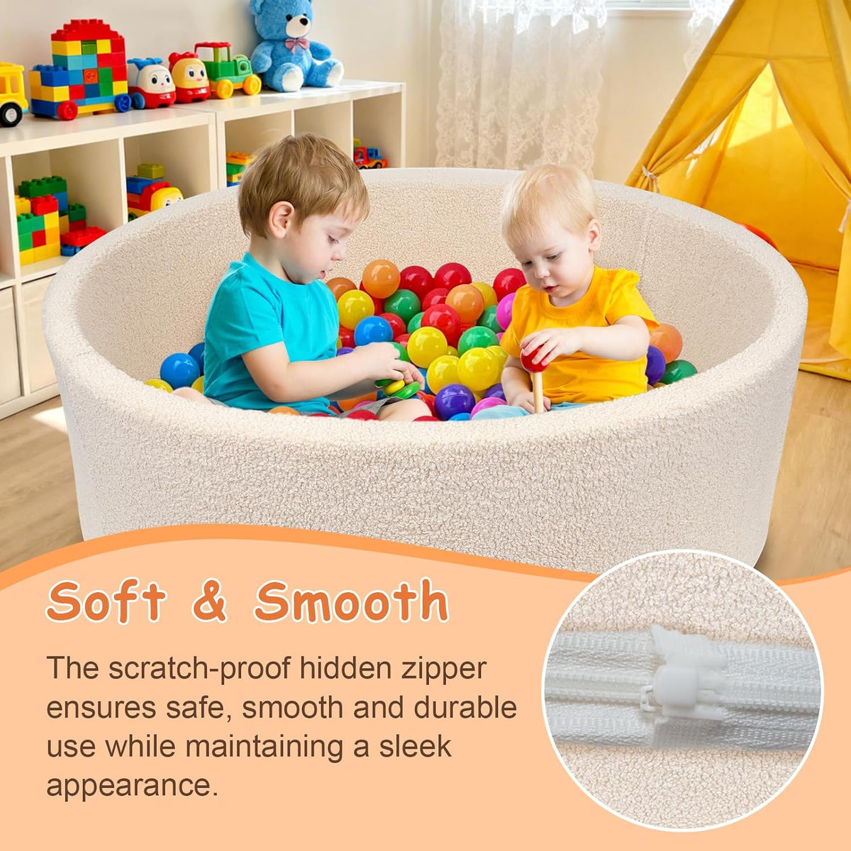 MEOGETY beige teddy fleece foam ball pit for toddlers with soft round walls - view 25